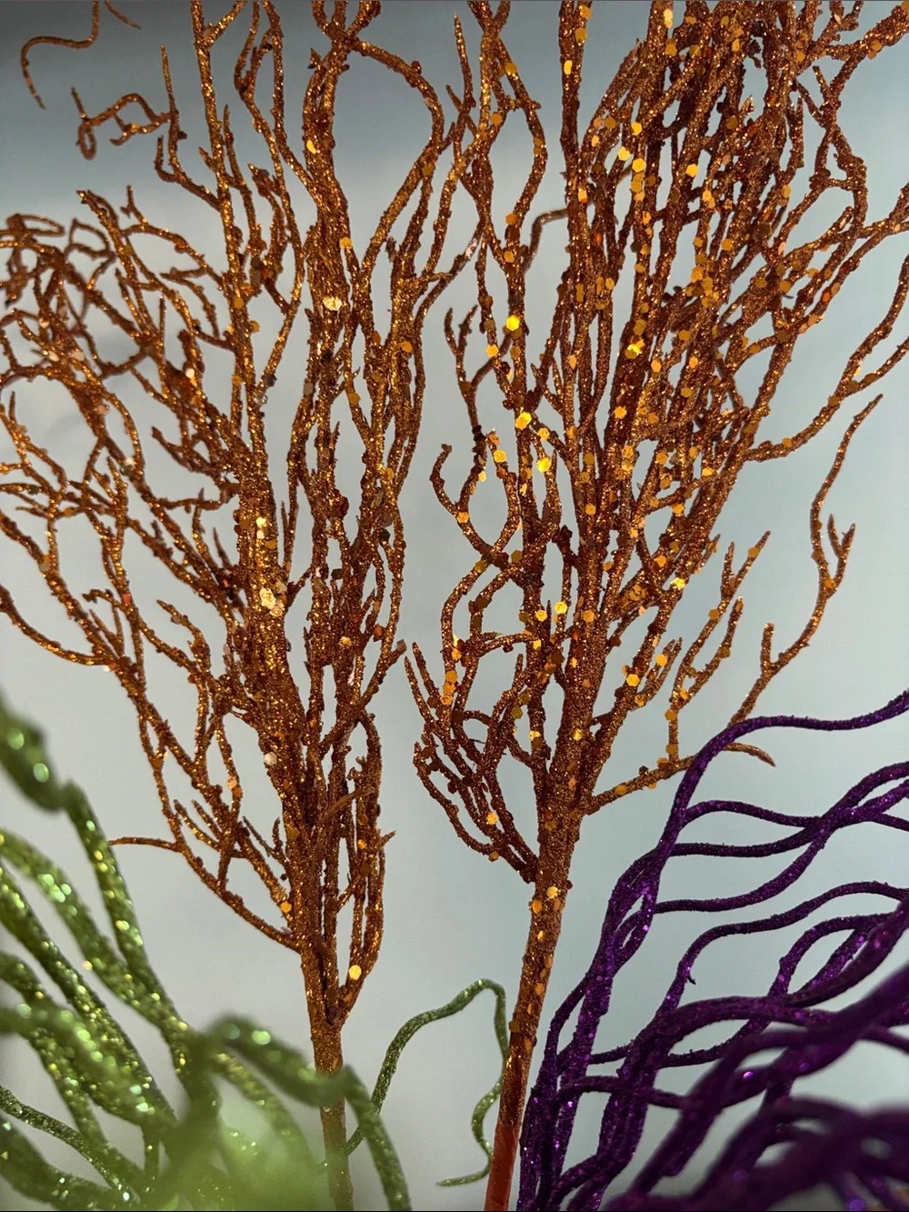Decorative Glitter Branches in Orange, Green, and Purple - Home Accents